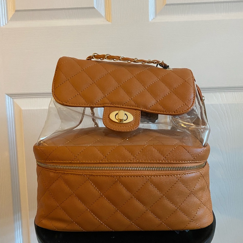 Tan Quilted Backpack with Gold Hardware